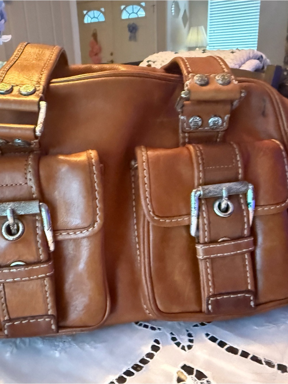 Michael Kors Tan Leather Shoulder Bag with Front Buckle Pockets